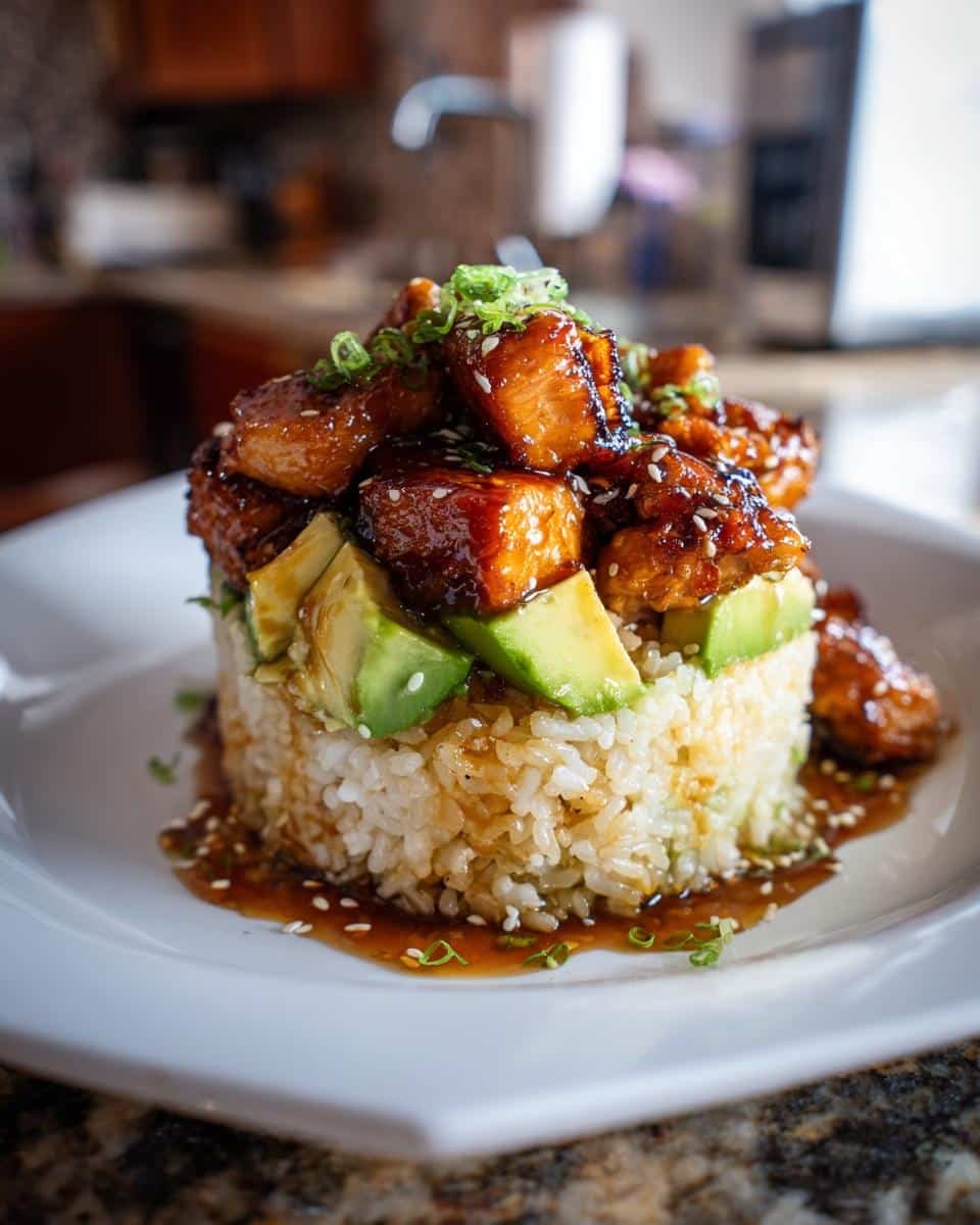 Irresistible Honey Lime Chicken Avocado Rice Stack in 25 6 A delicious Honey Lime Chicken Avocado Rice Stack, featuring layers of rice, avocado, and glazed chicken.