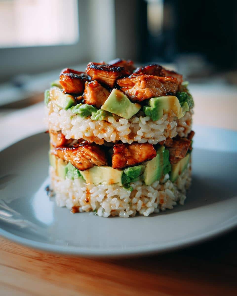Irresistible Honey Lime Chicken Avocado Rice Stack in 25 7 A delicious Honey Lime Chicken Avocado Rice Stack, layered on a plate and ready to eat.