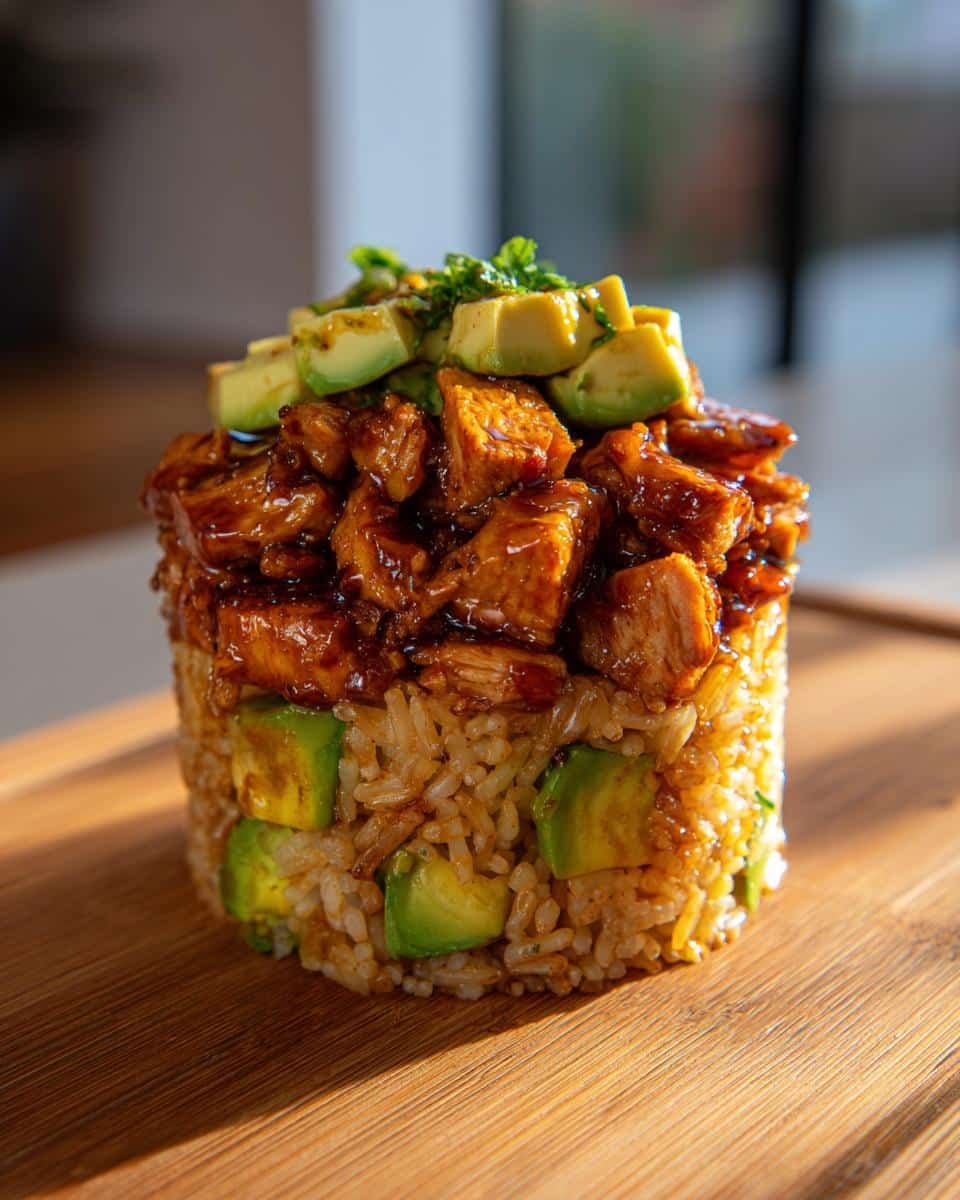 Irresistible Honey Lime Chicken Avocado Rice Stack in 25 8 A delicious Honey Lime Chicken Avocado Rice Stack, layered on a wooden board.