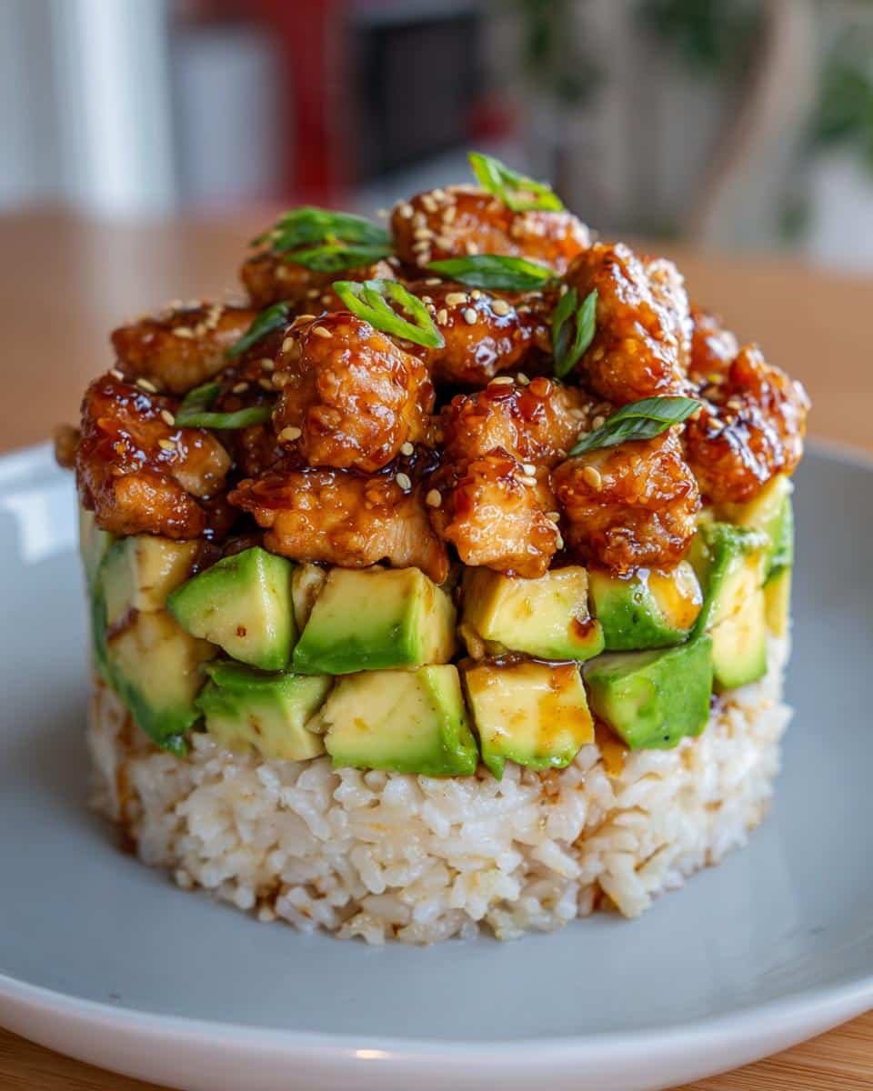 Irresistible Honey Lime Chicken Avocado Rice Stack in 25 9 A Honey Lime Chicken Avocado Rice Stack featuring layers of rice, avocado, and glazed chicken.