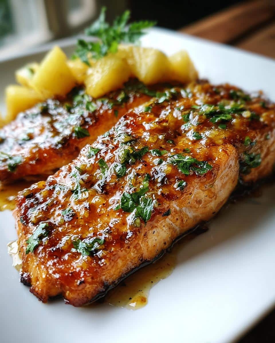 Honey Pineapple Glazed Salmon: Ditch Dull in 15 Minutes 7 Two fillets of Honey Pineapple Glazed Salmon garnished with parsley and pineapple chunks on a white plate.
