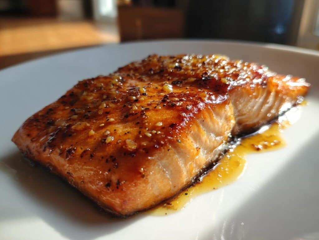 Close-up of Honey Pineapple Glazed Salmon on a white plate, showcasing the glaze and texture.