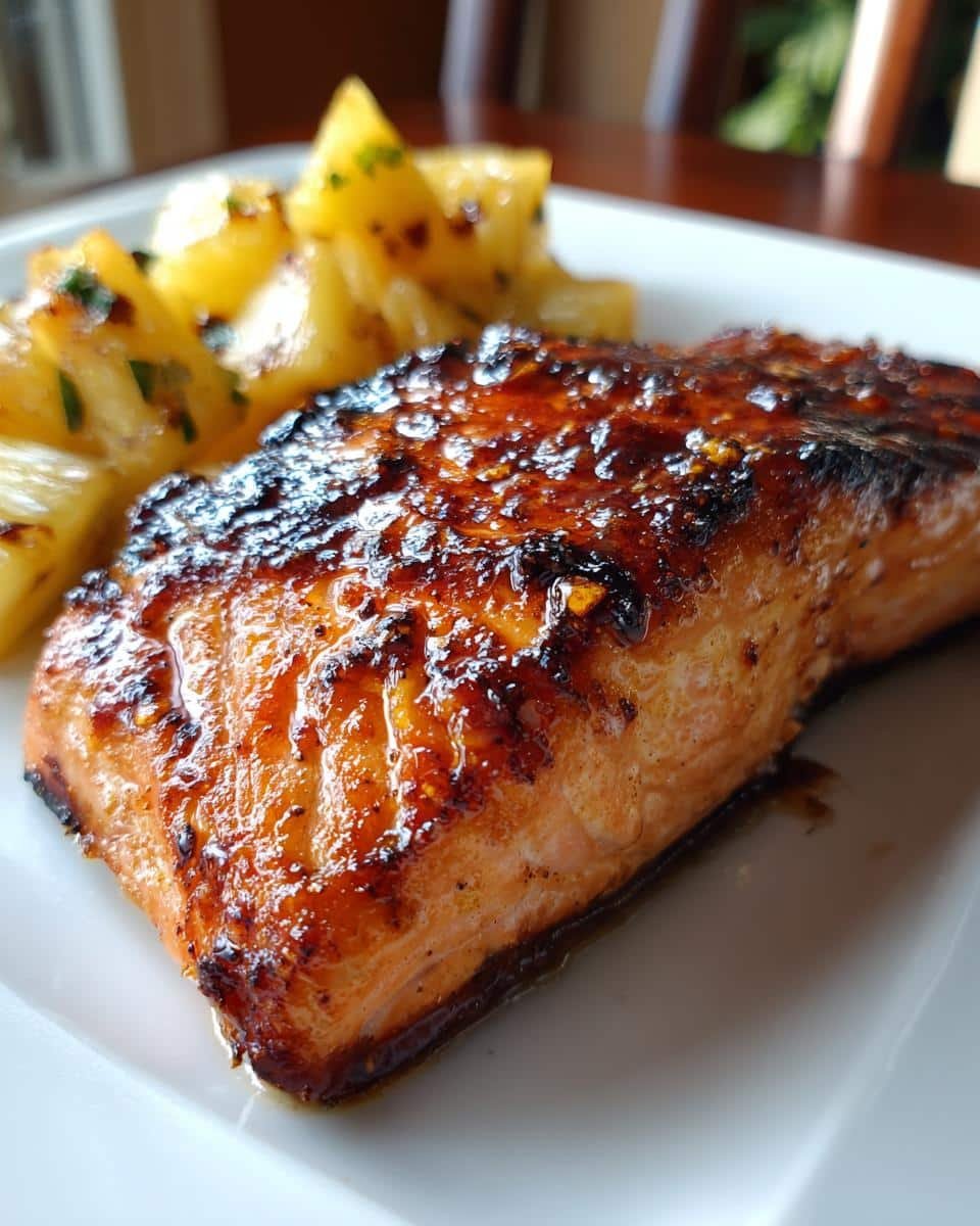 Honey Pineapple Glazed Salmon: Ditch Dull in 15 Minutes 9 Close-up of Honey Pineapple Glazed Salmon served with fresh pineapple salsa.