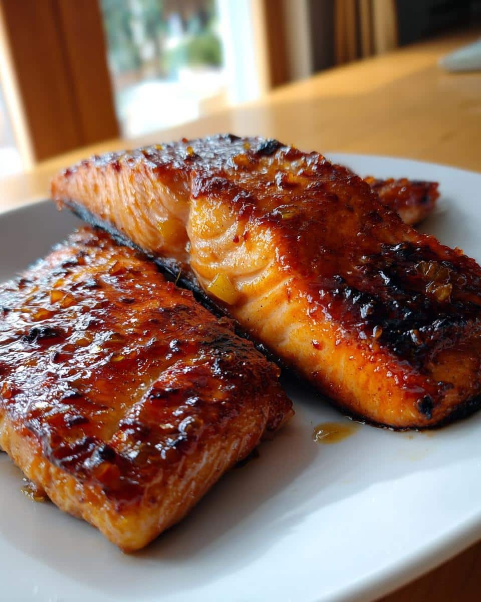 Honey Pineapple Glazed Salmon: Ditch Dull in 15 Minutes 8 Two pieces of Honey Pineapple Glazed Salmon on a white plate, showcasing the glaze and texture.