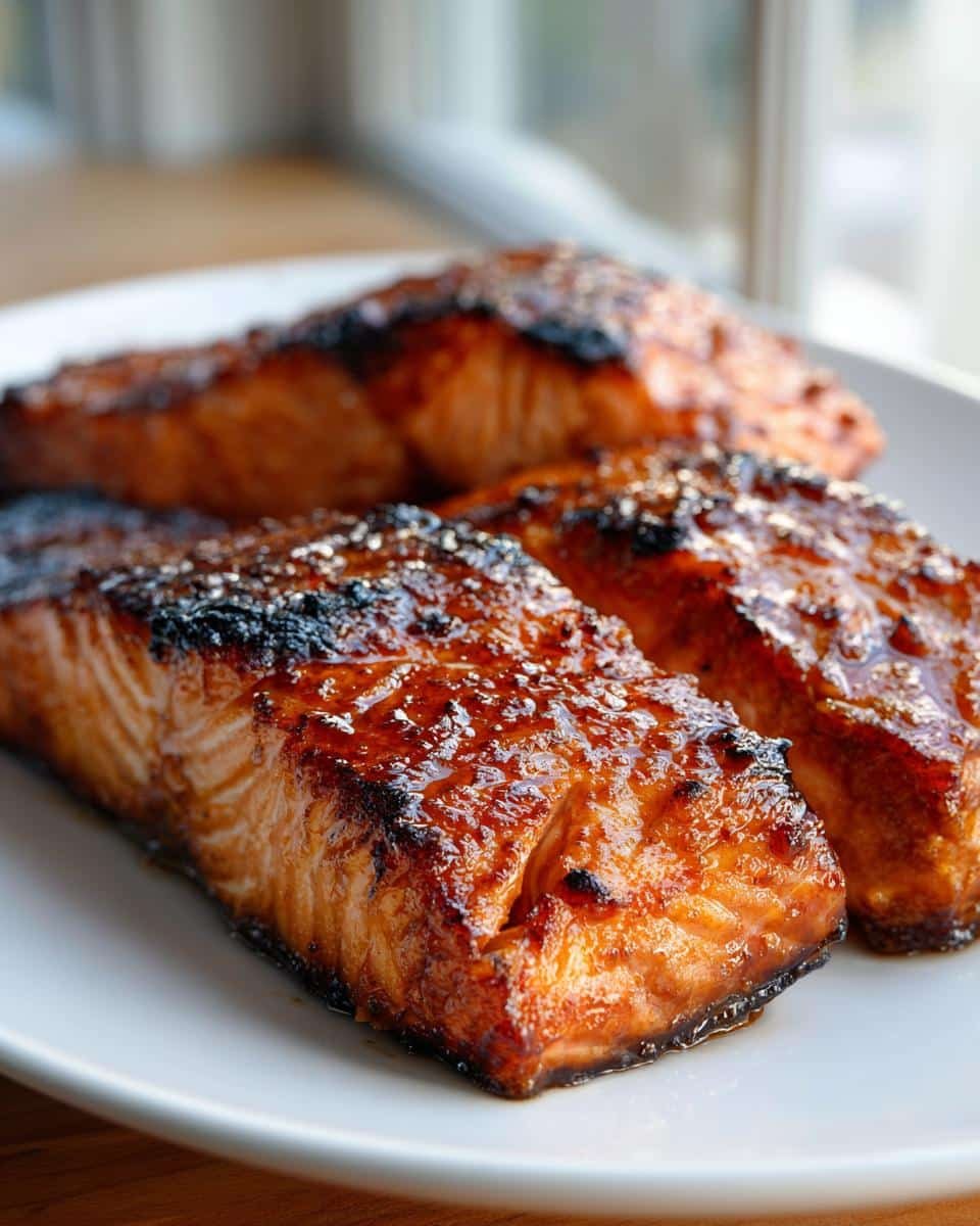 Honey Pineapple Glazed Salmon: Ditch Dull in 15 Minutes 6 Three fillets of Honey Pineapple Glazed Salmon on a white plate, showcasing the glaze and texture.