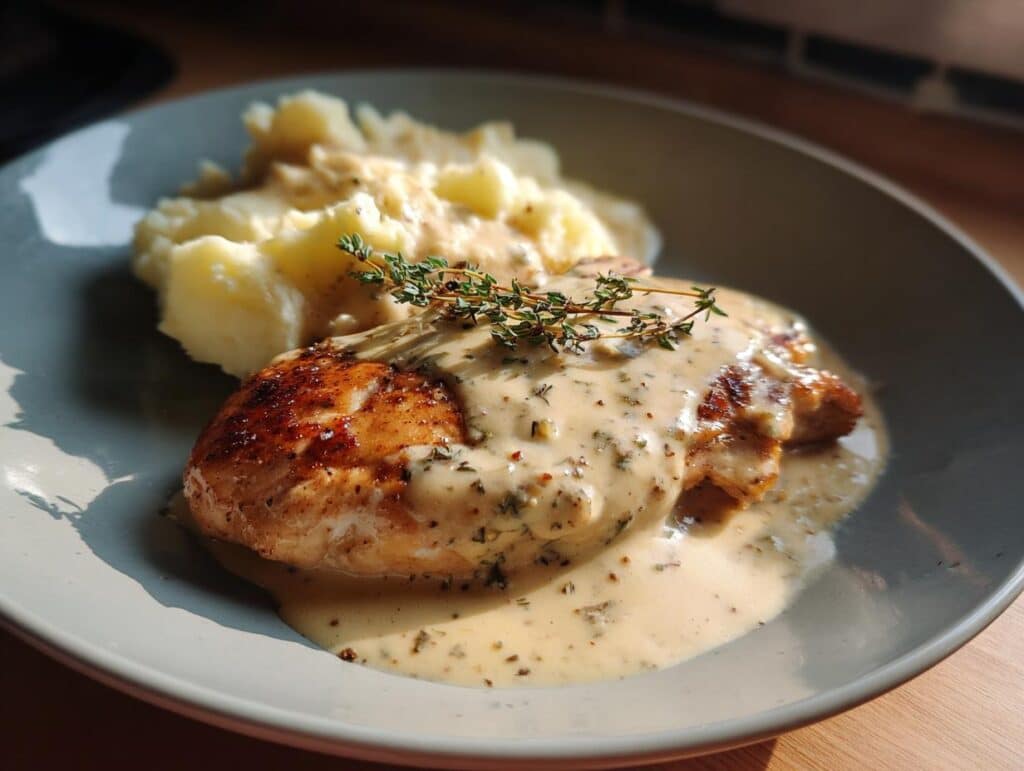 A plate of Irish Chicken in Whiskey Cream Sauce, served with mashed potatoes and garnished with thyme.