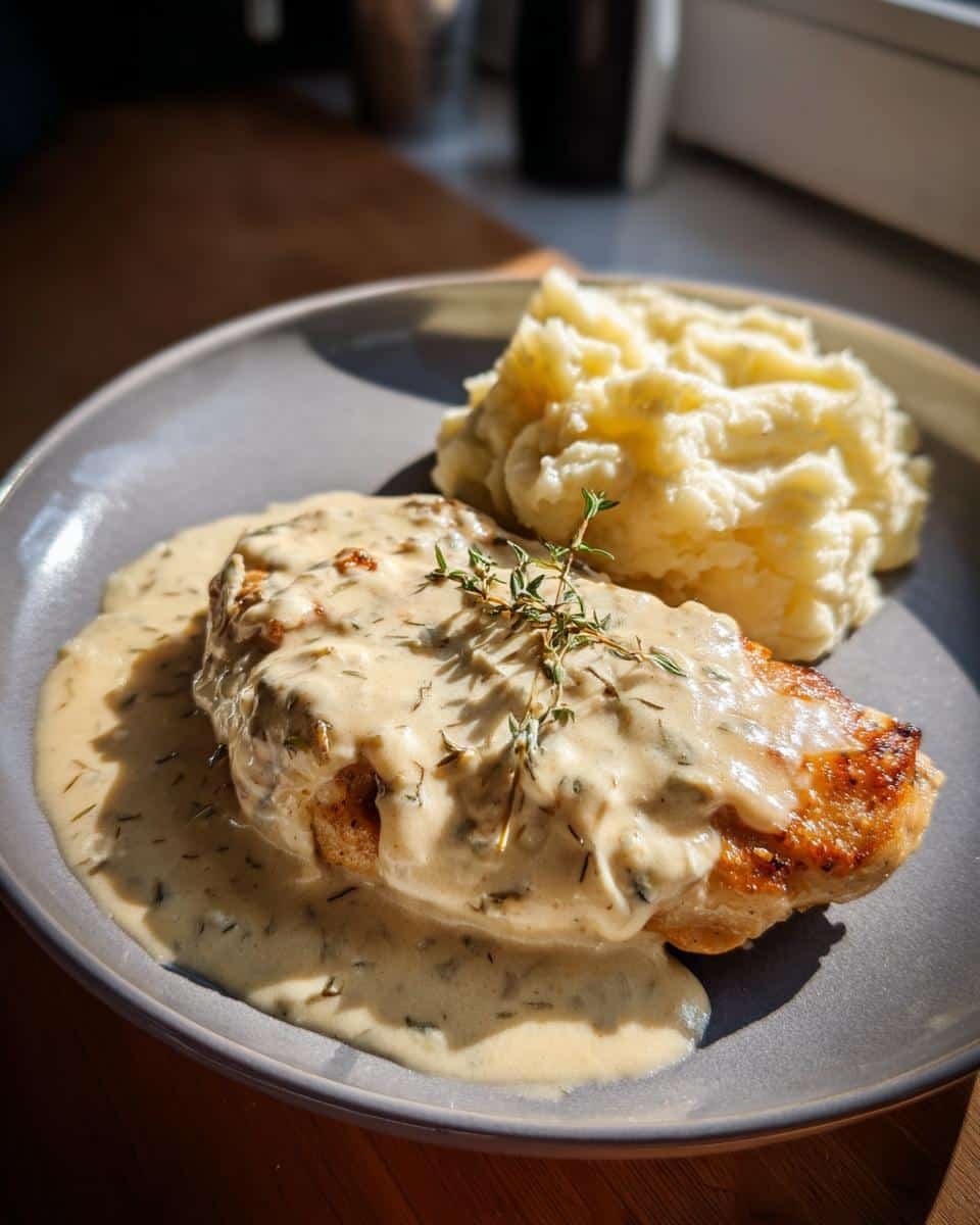 Irish Chicken: Deliciously Decadent in 4 Steps 6 Plated Irish Chicken in Whiskey Cream Sauce, served with mashed potatoes and garnished with fresh thyme.