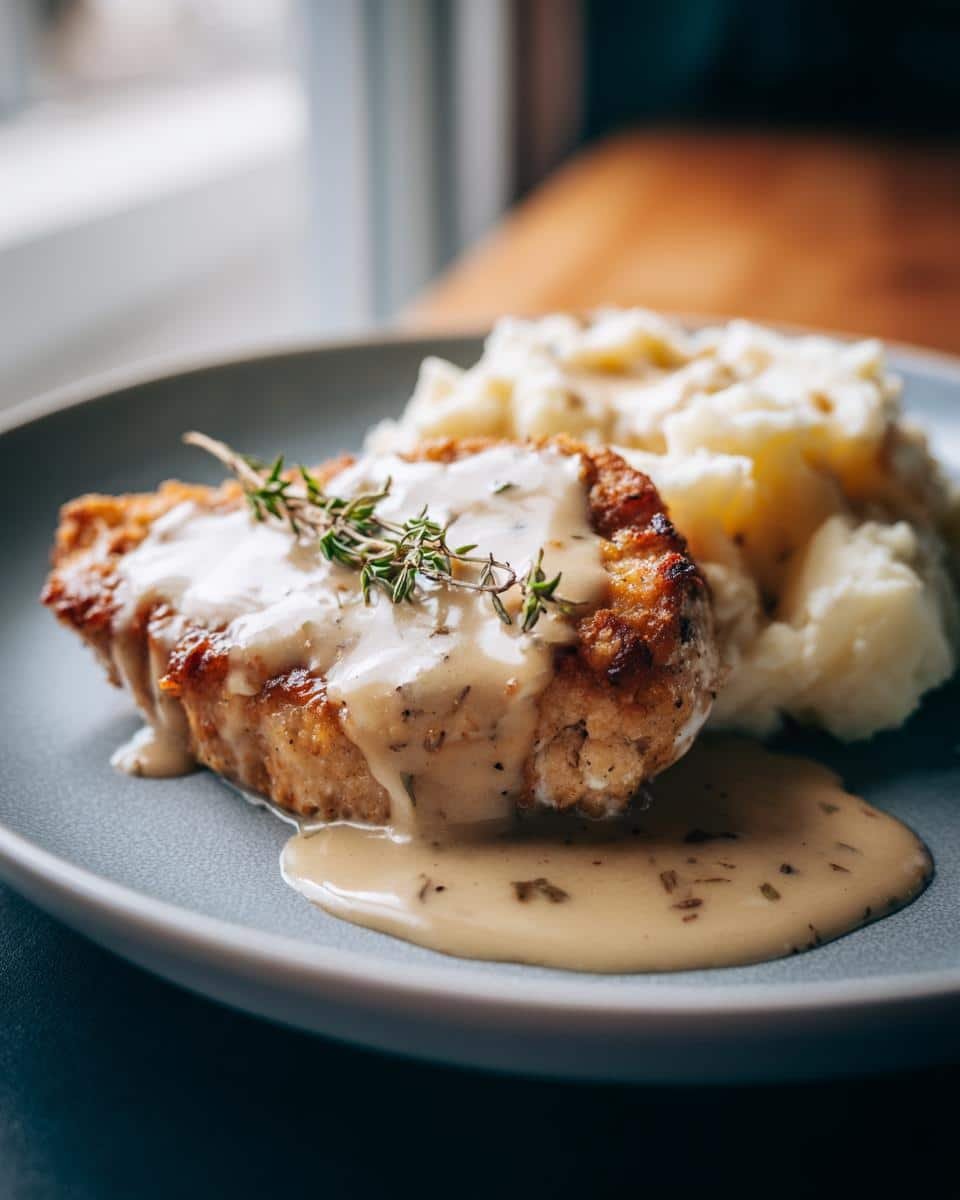 Irish Chicken: Deliciously Decadent in 4 Steps 9 A plate of Irish Chicken in Whiskey Cream Sauce, served with mashed potatoes and garnished with fresh thyme.