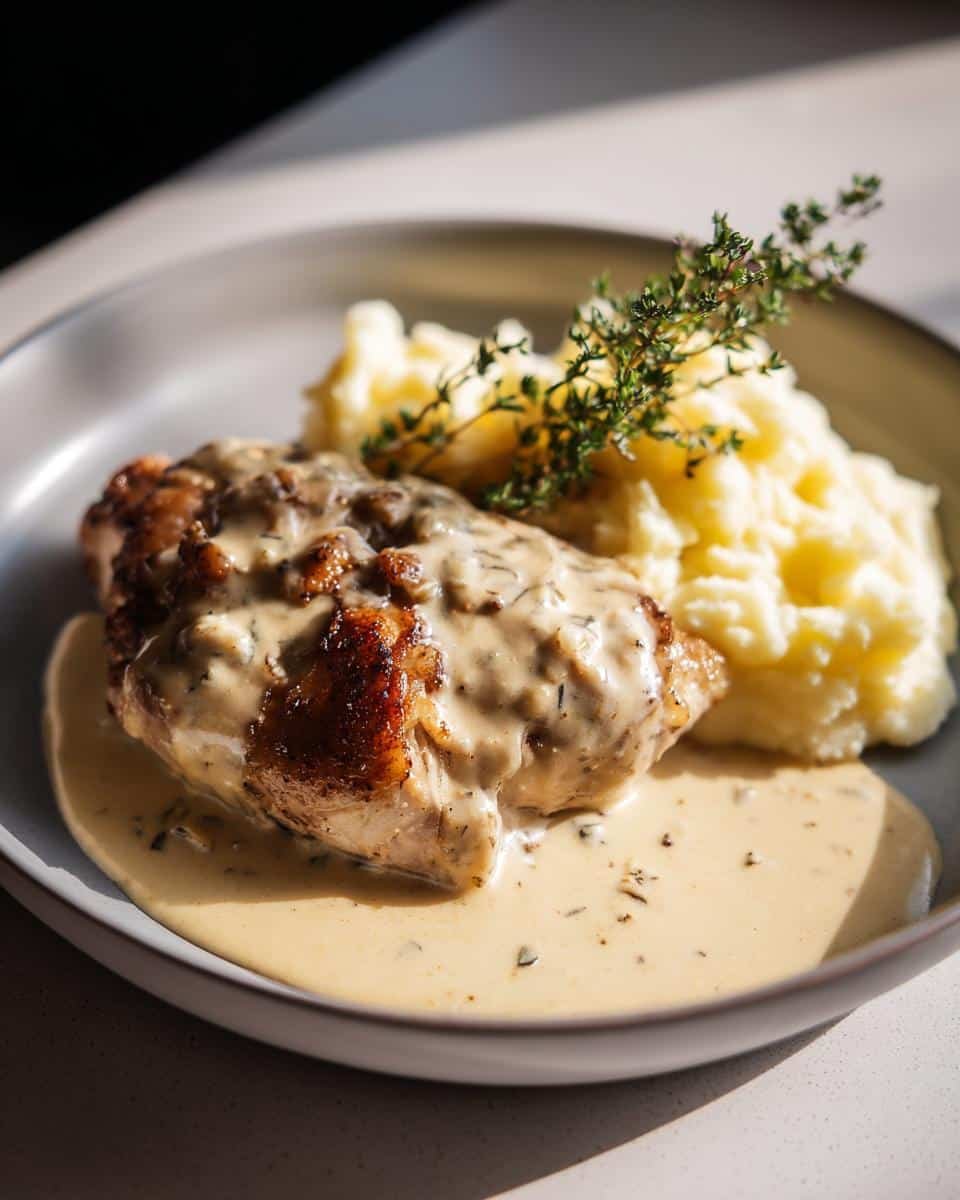 Irish Chicken: Deliciously Decadent in 4 Steps 8 Plated Irish Chicken in Whiskey Cream Sauce with mashed potatoes and thyme garnish.