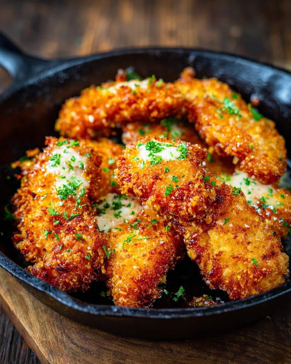 Irresistible Chicken Bites with 4-Ingredient Sauce 6 Golden, crispy Irresistible Chicken Bites with 4-Ingredient Sauce, garnished with parsley in a cast iron skillet.
