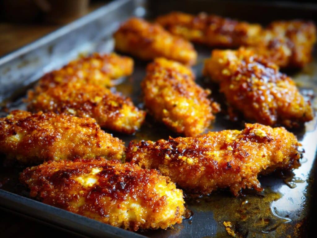 Golden brown irresistible chicken bites with a delicious sauce, fresh from the oven.