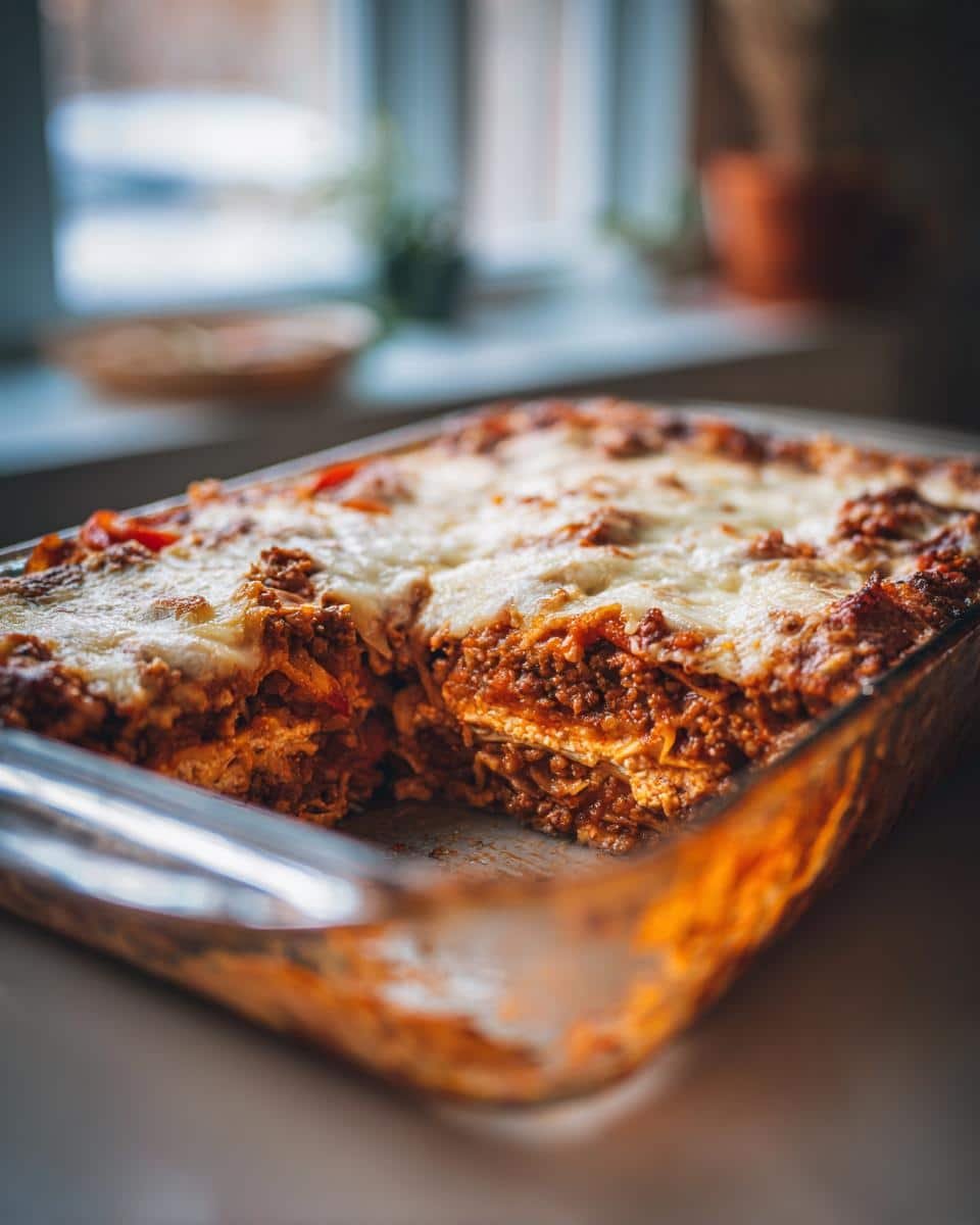 Italian Sausage Pepper Casserole: 8 Amazing Steps 9 Close-up of Italian Sausage Pepper Casserole in a glass baking dish, showing layers of sausage, peppers, and melted cheese.