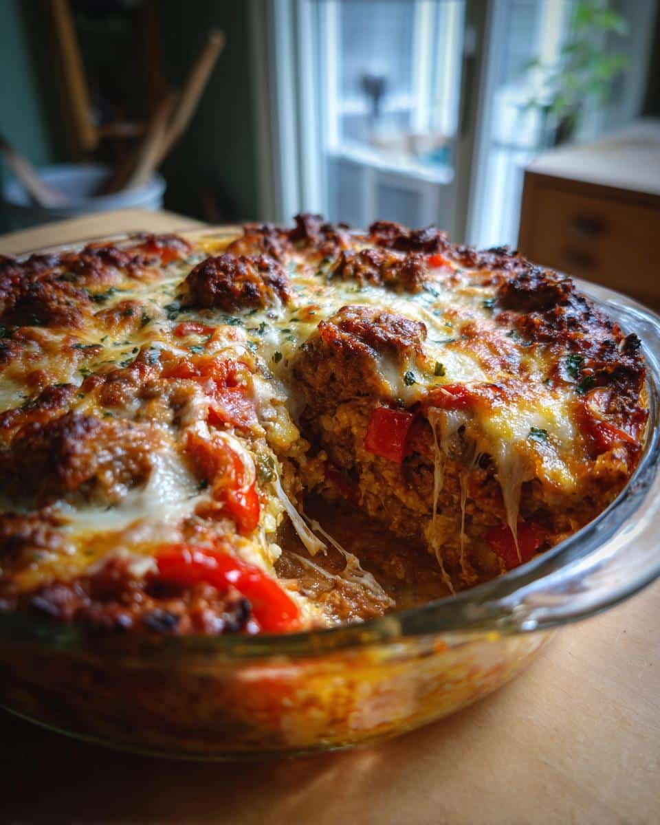 Italian Sausage Pepper Casserole: 8 Amazing Steps 6 A freshly baked Italian Sausage Pepper Casserole in a glass dish with a slice removed, showing the layers.