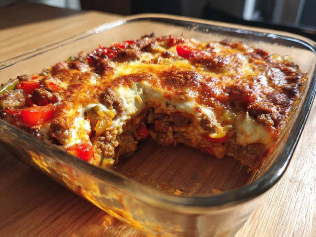 A freshly baked Italian Sausage Pepper Casserole in a glass baking dish, showing layers of sausage, peppers, and melted cheese.