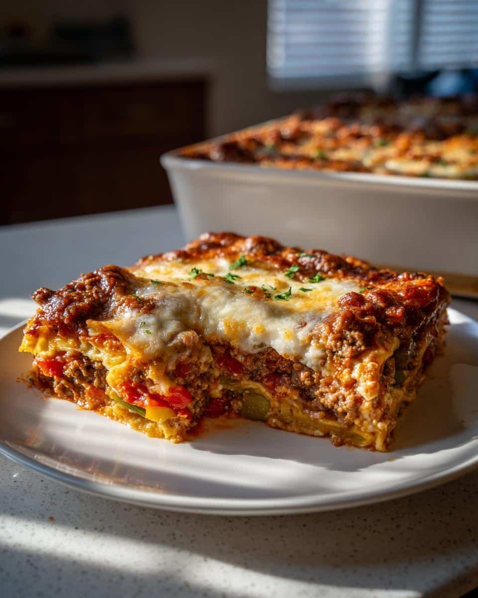 Italian Sausage Pepper Casserole: 8 Amazing Steps 7 A slice of Italian Sausage Pepper Casserole on a white plate, showcasing layers of sausage, peppers, and melted cheese.