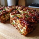 A slice of Italian Sausage Pepper Casserole on a wooden board, showcasing the layers of sausage, peppers, and cheese.
