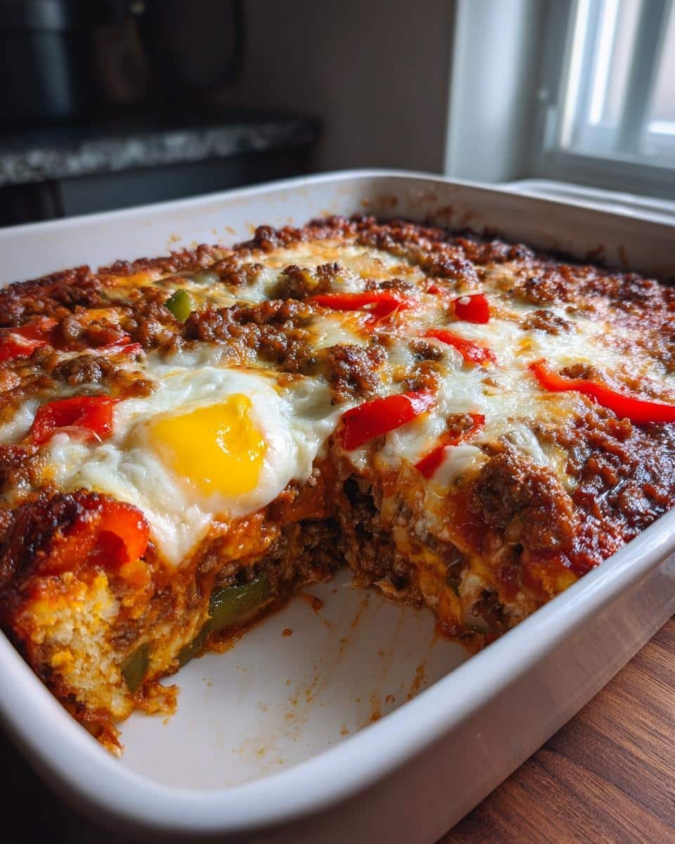 Italian Sausage Pepper Casserole: 8 Amazing Steps 8 Freshly baked Italian Sausage Pepper Casserole in a white baking dish with peppers and a fried egg on top.