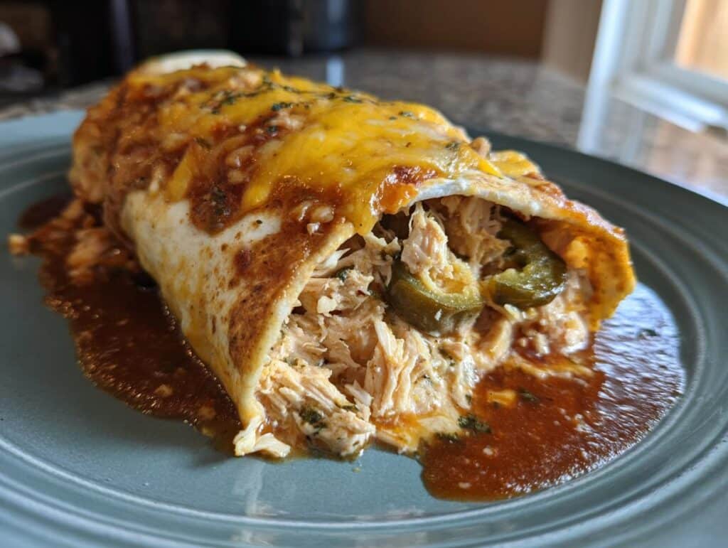 A single Jalapeño Popper Chicken Enchiladas on a plate, filled with chicken and jalapeños, topped with cheese and sauce.