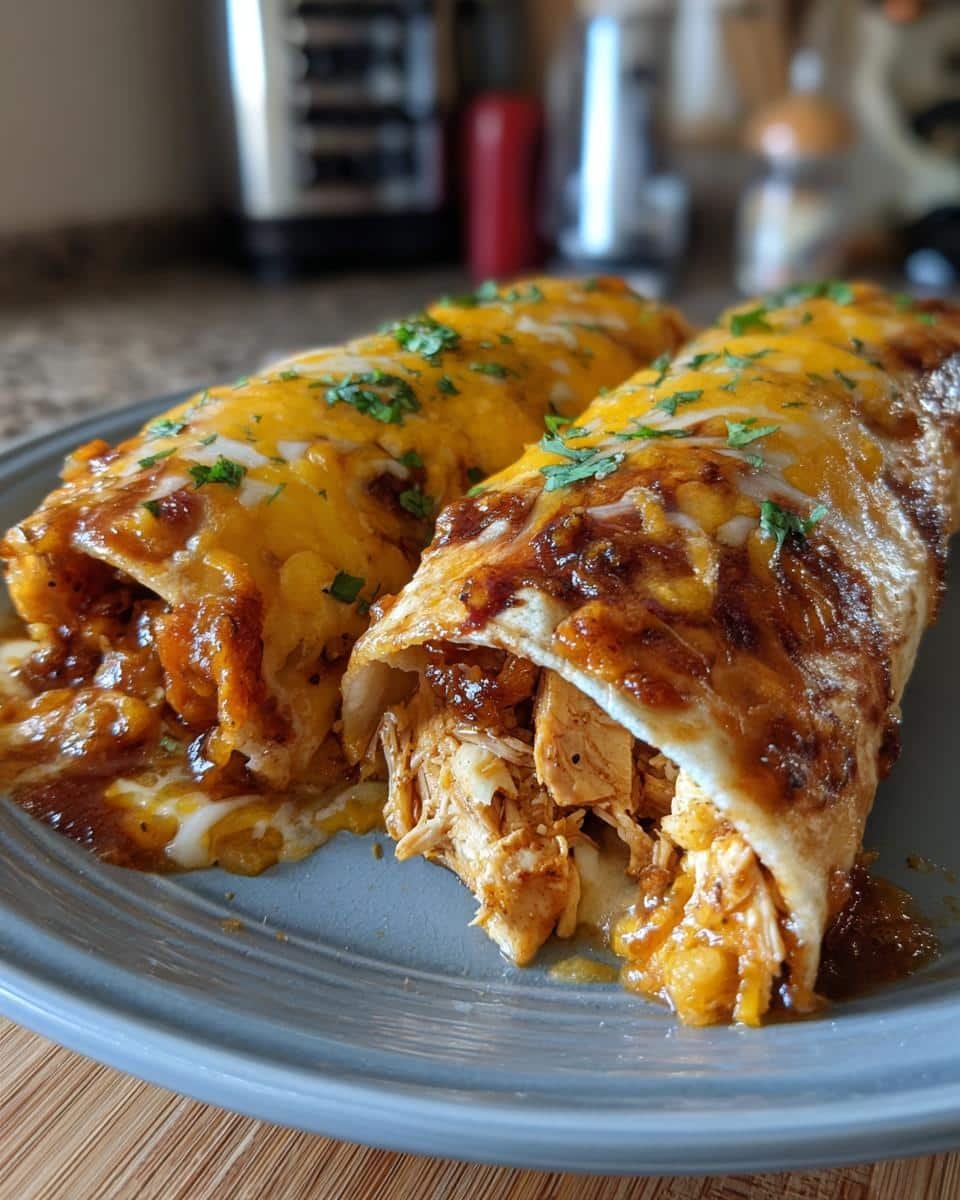 Unleash Delicious Jalapeño Popper Chicken Enchiladas Now 6 Two Jalapeño Popper Chicken Enchiladas on a plate, topped with melted cheese and herbs.