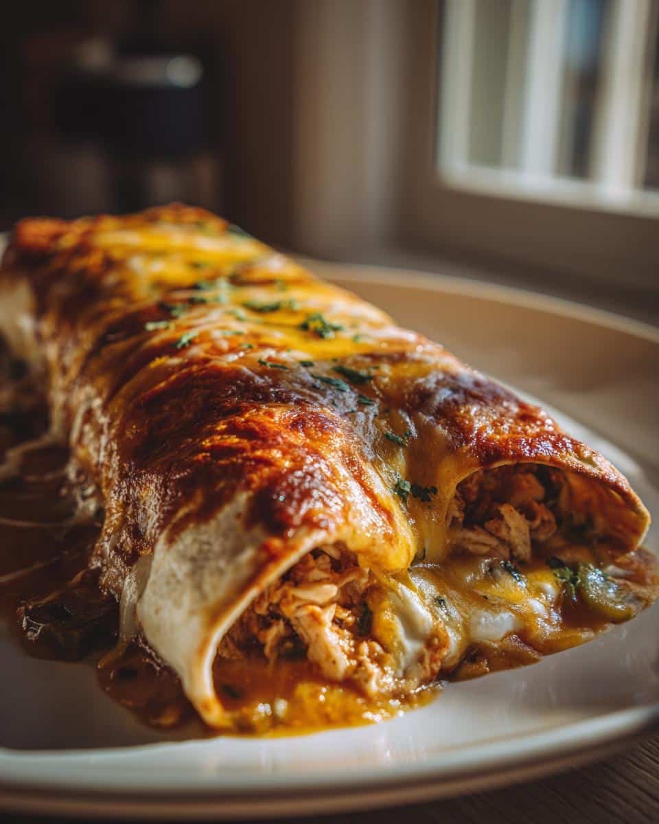 Unleash Delicious Jalapeño Popper Chicken Enchiladas Now 7 A single Jalapeño Popper Chicken Enchilada with melted cheese and chicken filling on a white plate.