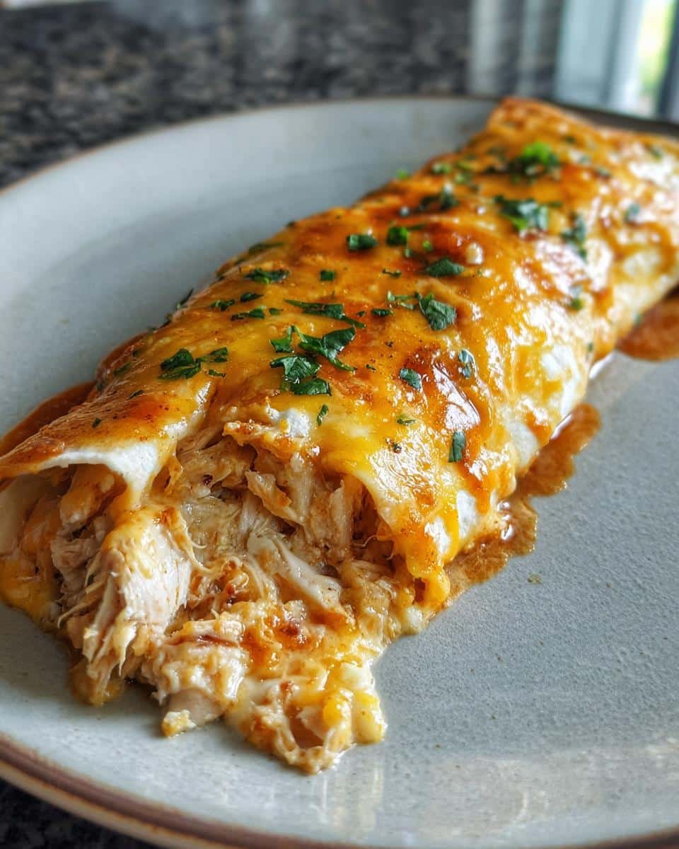 Unleash Delicious Jalapeño Popper Chicken Enchiladas Now 8 A single Jalapeño Popper Chicken Enchiladas, oozing with cheese and chicken, garnished with parsley.