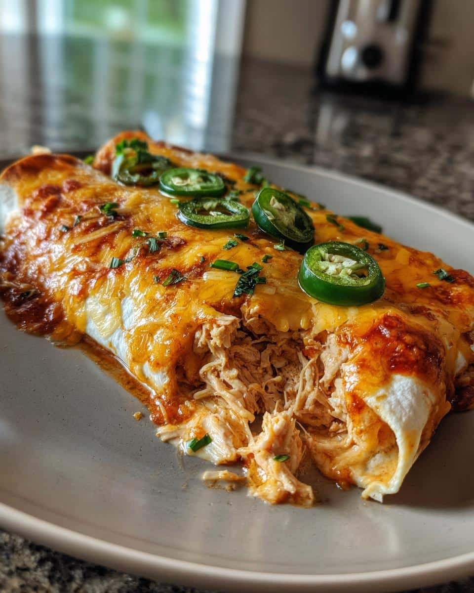 Unleash Delicious Jalapeño Popper Chicken Enchiladas Now 9 Two Jalapeño Popper Chicken Enchiladas on a plate, topped with jalapeño slices and cheese.