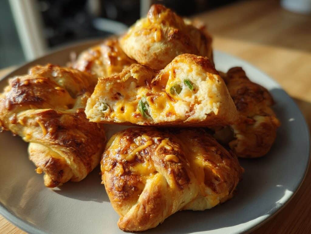 A plate of golden brown Jalapeno Popper Twists, one cut open to show the cheesy, jalapeno filling.
