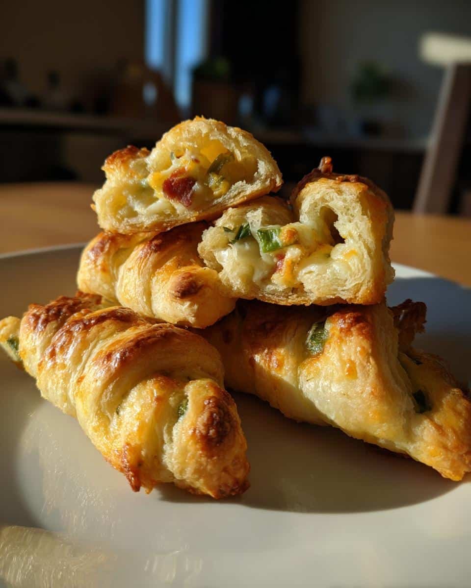 Unleash 3-Ingredient Jalapeno Popper Twists Recipe 7 A stack of golden brown Jalapeno Popper Twists, one cut open to show the cheesy, jalapeno filling.