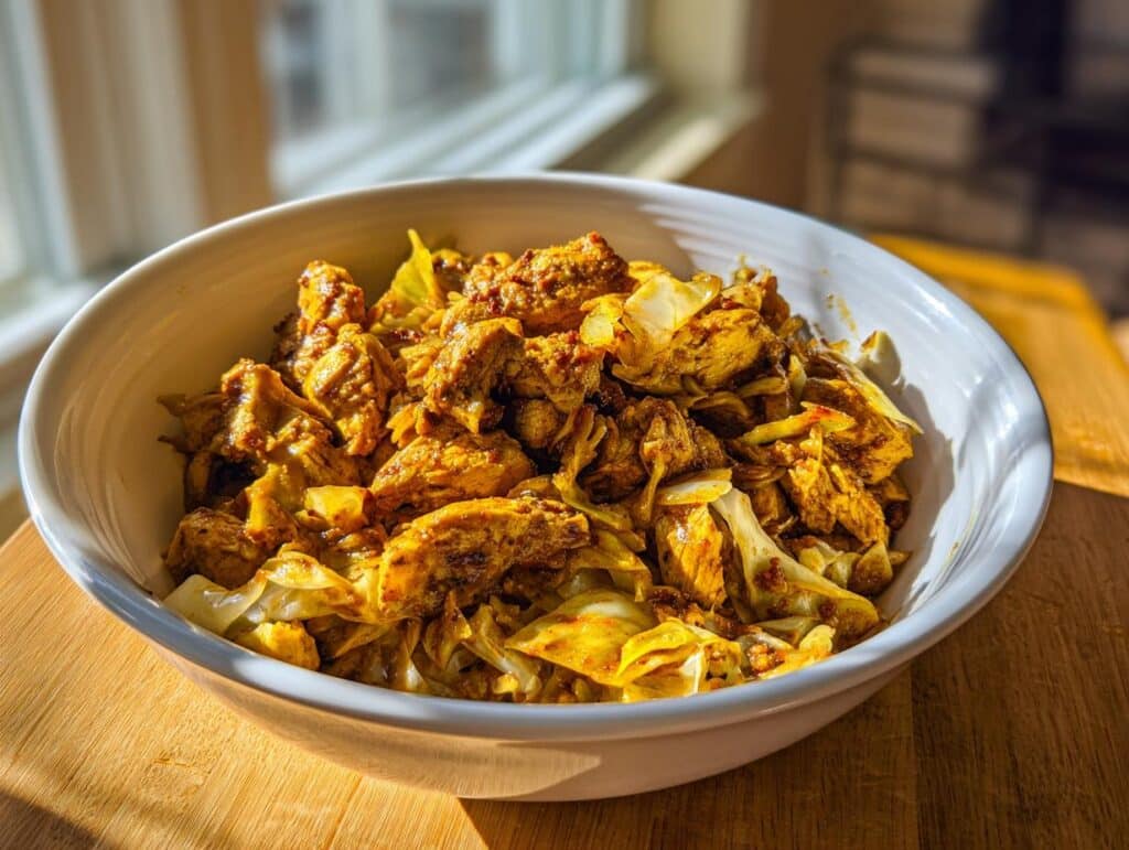 A bowl of Jamaican Chicken and Cabbage, featuring golden-brown chicken pieces mixed with cabbage.