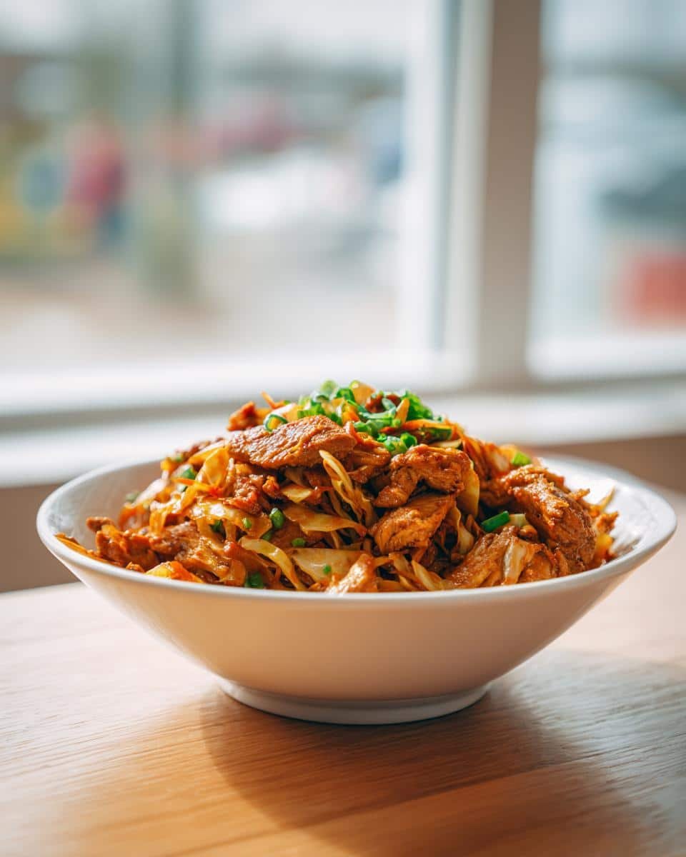 Jamaican Chicken and Cabbage: Delicious 40-Minute Disaster 6 A bowl of Jamaican Chicken and Cabbage, garnished with green onions, sits on a wooden table.