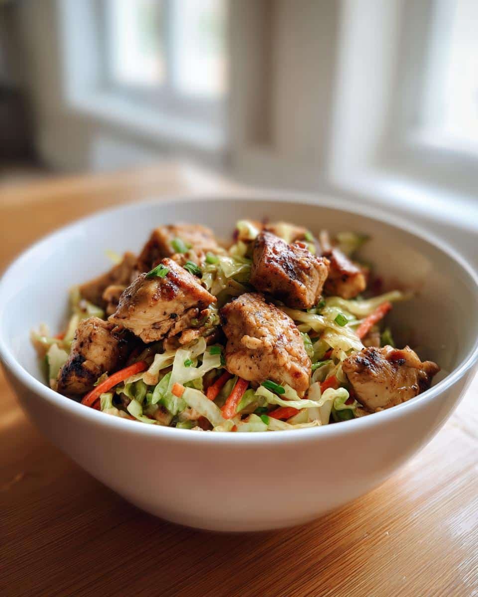 Jamaican Chicken and Cabbage: Delicious 40-Minute Disaster 8 A bowl of Jamaican Chicken and Cabbage, featuring seasoned chicken pieces and shredded cabbage with carrots.