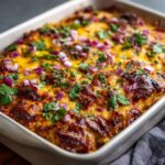 Baked Easy Keto BBQ Chicken Casserole topped with cheese, cilantro, and red onions in a white baking dish.