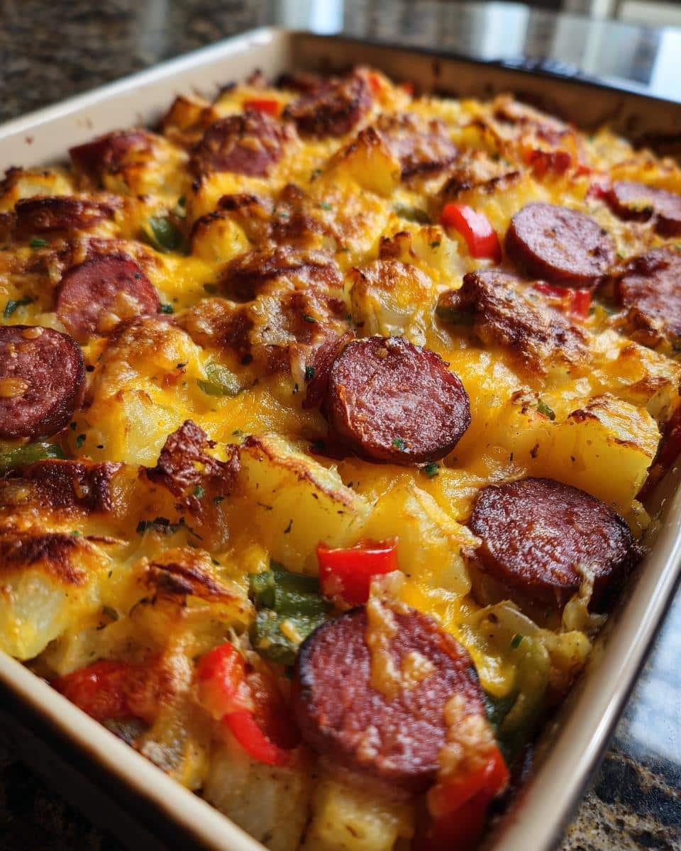Disgustingly Easy Kielbasa Potato Casserole in 1 Hour 7 Close-up of a cheesy Kielbasa Potato Casserole with sliced kielbasa, potatoes, peppers, and melted cheese in a baking dish.