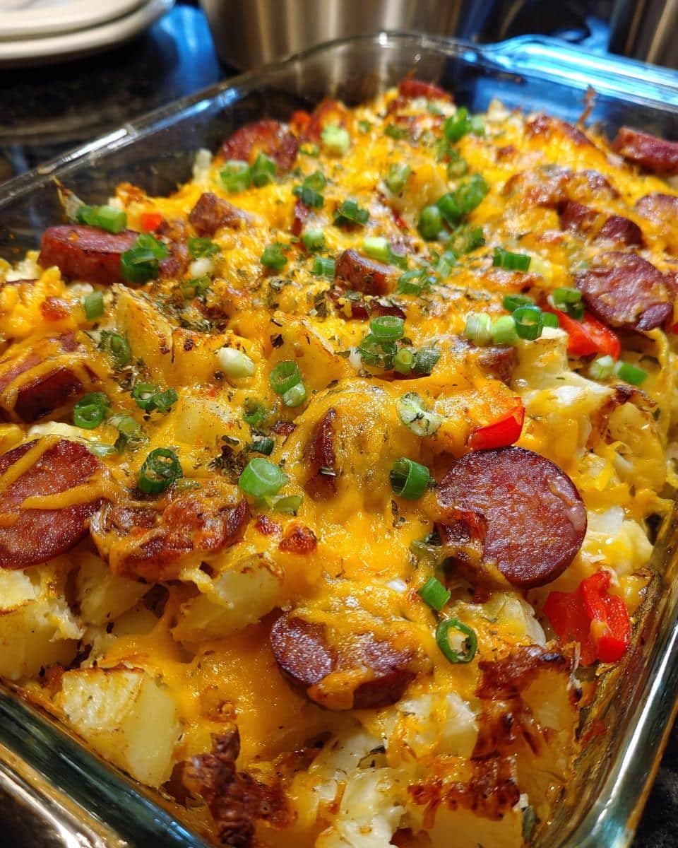 Disgustingly Easy Kielbasa Potato Casserole in 1 Hour 8 Overhead view of a cheesy Kielbasa Potato Casserole with sliced kielbasa, potatoes, peppers, and green onions.