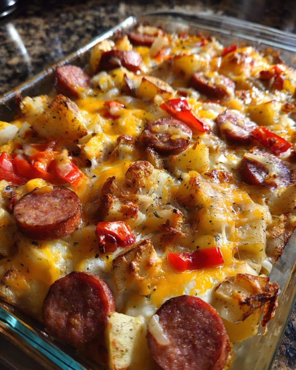 Disgustingly Easy Kielbasa Potato Casserole in 1 Hour 6 Close-up of a freshly baked Kielbasa Potato Casserole with melted cheese, kielbasa slices, and red peppers.