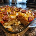 Close-up of a partially eaten Kielbasa Potato Casserole in a glass baking dish.