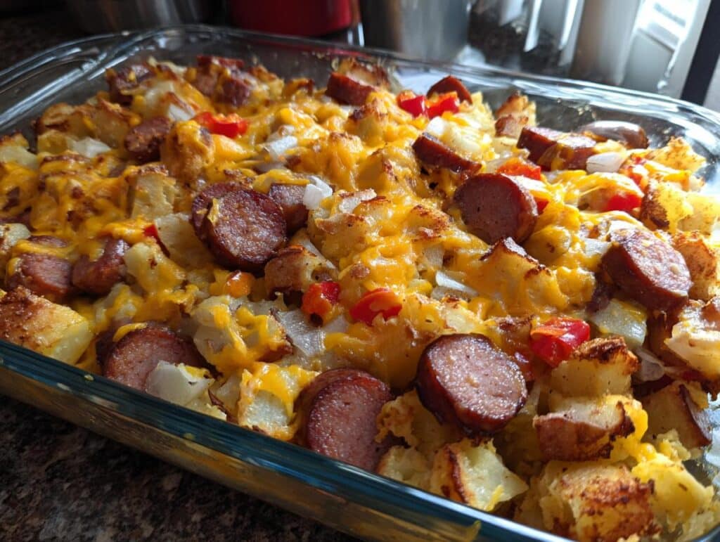 Overhead view of a cheesy Kielbasa Potato Casserole in a glass baking dish, featuring potatoes, kielbasa, and peppers.