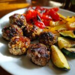 A plate of Korean BBQ Meatballs with Roasted Vegetables, including peppers and zucchini.