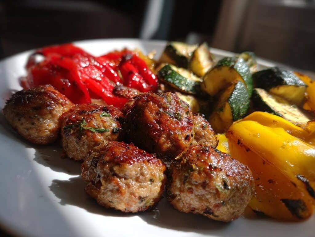 A plate of Korean BBQ Meatballs with Roasted Vegetables, including zucchini, peppers, and savory meatballs.