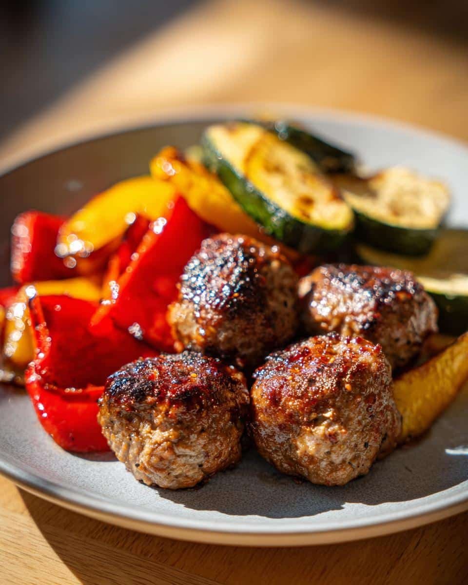 Unbelievable Korean BBQ Meatballs with Roasted Veggies 7 Close-up of Korean BBQ Meatballs with Roasted Vegetables, including peppers and zucchini, on a plate.