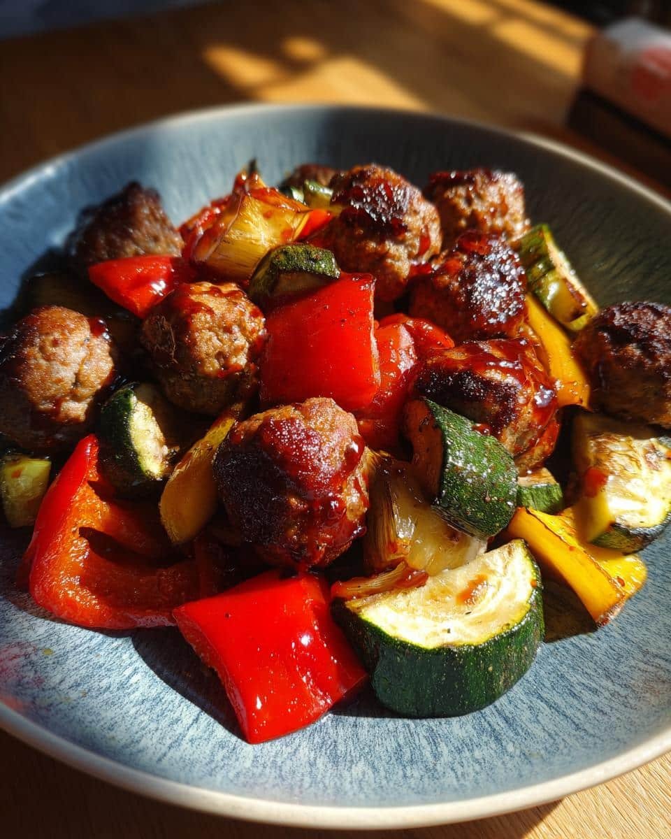 Unbelievable Korean BBQ Meatballs with Roasted Veggies 8 A bowl of Korean BBQ Meatballs with Roasted Vegetables, including zucchini and bell peppers.