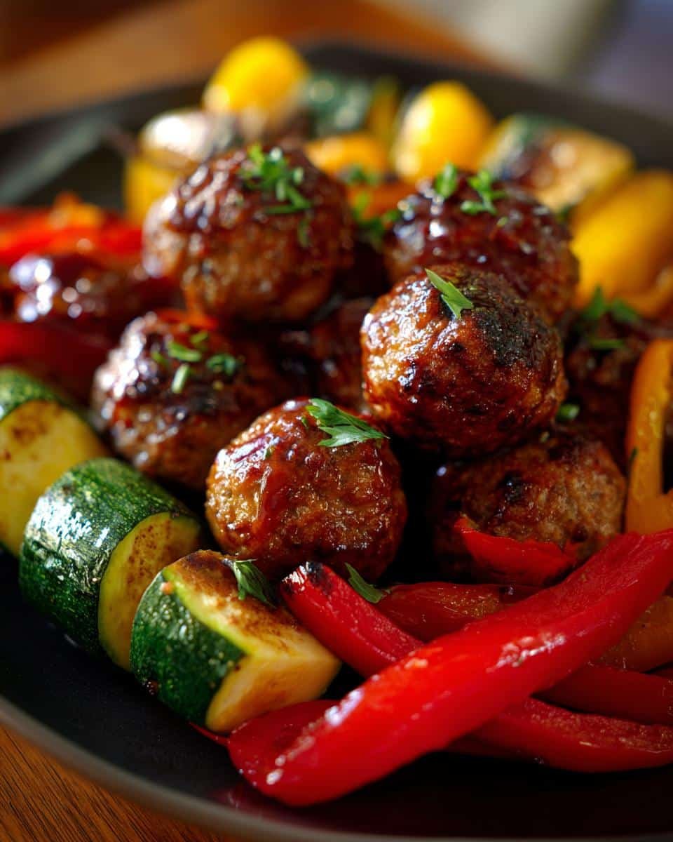 Unbelievable Korean BBQ Meatballs with Roasted Veggies 9 Close-up of Korean BBQ Meatballs with Roasted Vegetables, including zucchini, peppers, and yellow squash.