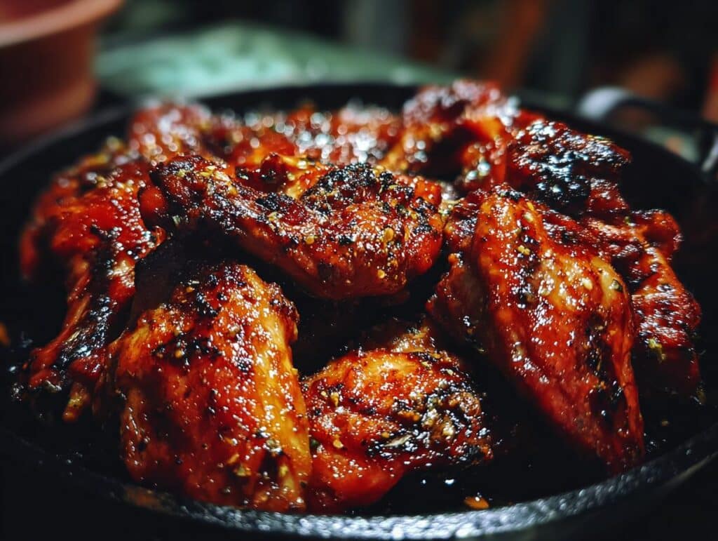 Close-up of glazed Korean chicken, unrelated to Creamy Vegan Pot Pie with Fluffy Biscuit Topping recipe.
