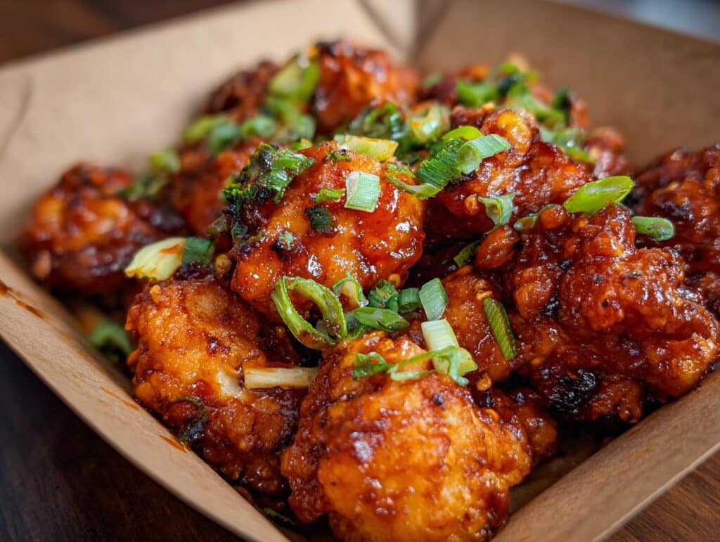 Close-up of Korean Chicken Recipe pieces glazed with sauce and garnished with green onions in a cardboard container.
