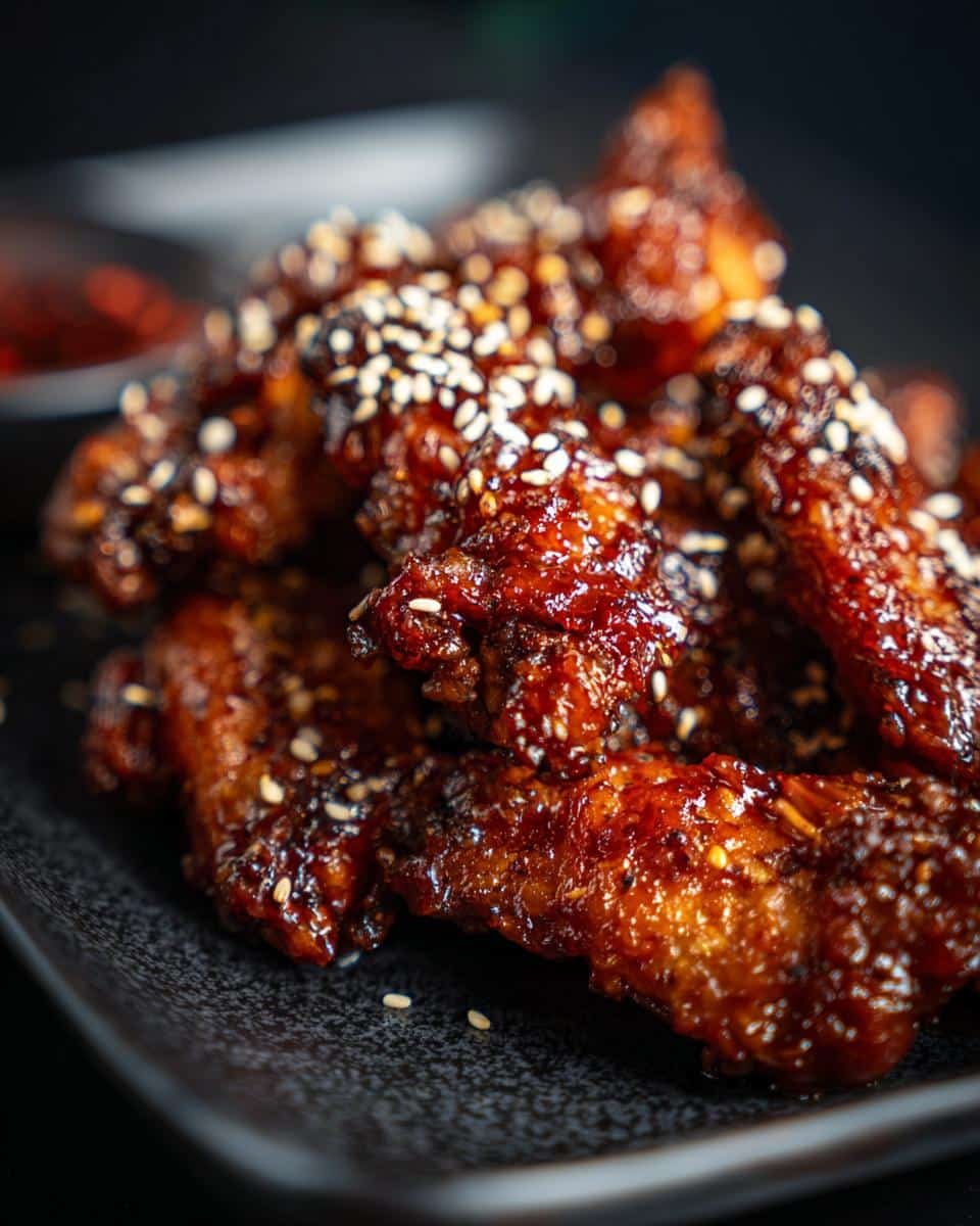 Irresistible Korean Chicken Recipe: Crave No More 9 Close-up of Korean Chicken Recipe pieces glazed and sprinkled with sesame seeds on a black plate.
