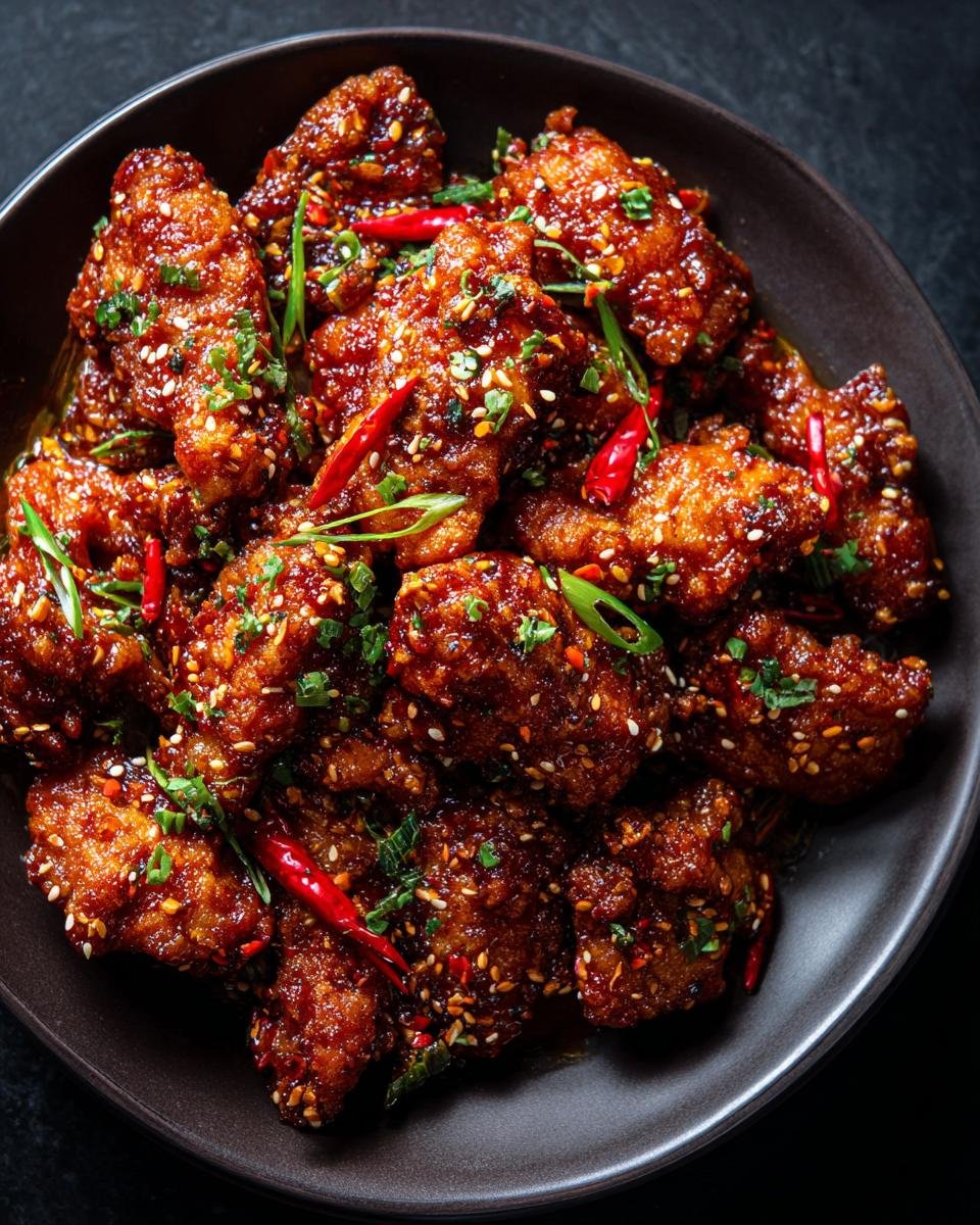 Irresistible Korean Chicken Recipe: Crave No More 8 A plate of glistening Korean Chicken Recipe, garnished with sesame seeds, chili peppers, and green onions.