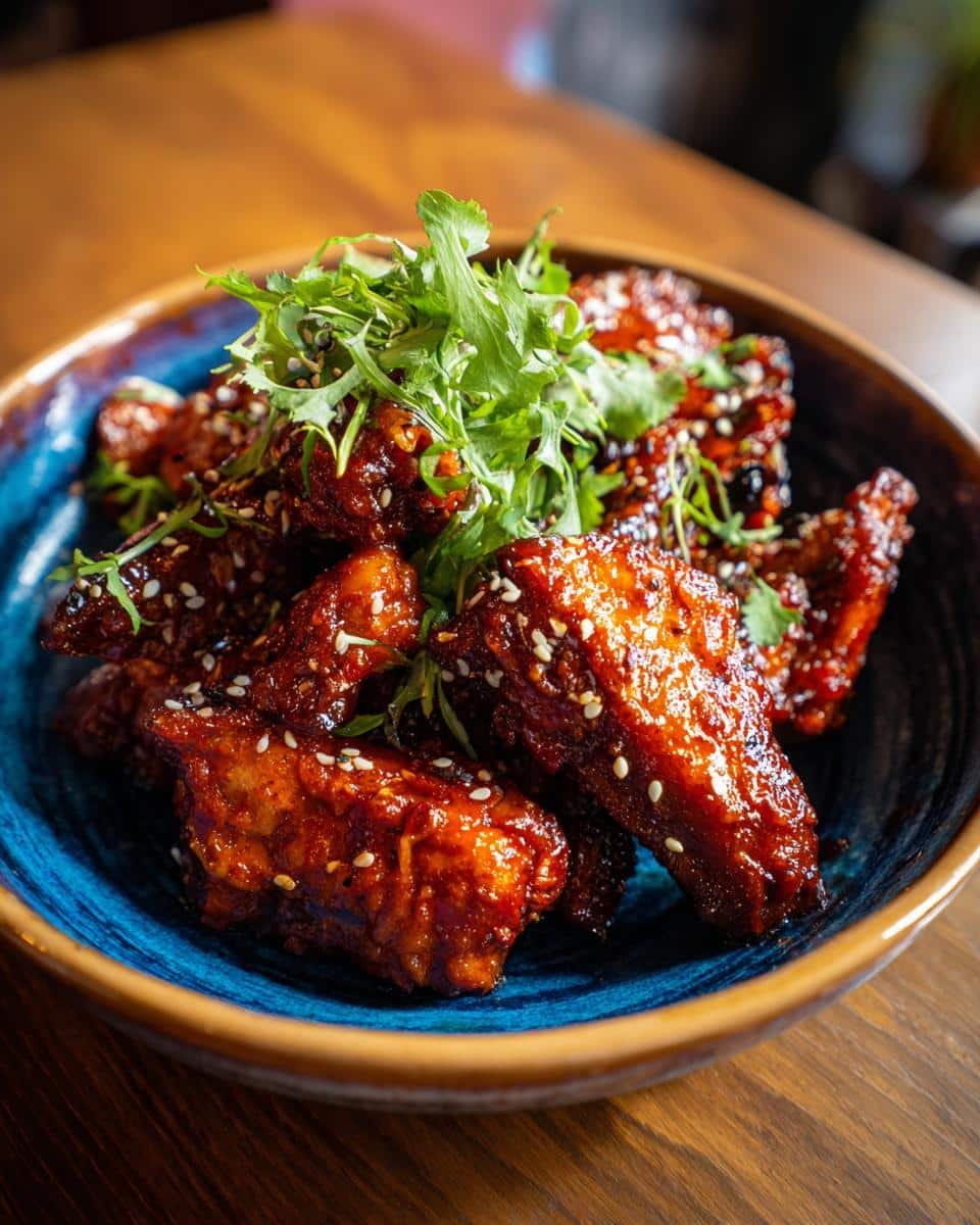 Irresistible Korean Chicken Recipe: Crave No More 7 Close-up of Korean Chicken Recipe wings in a blue bowl, garnished with sesame seeds and fresh herbs.