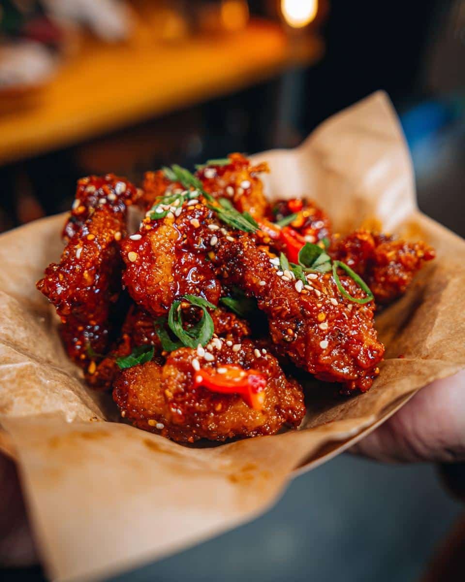 Korean Chicken: 5-Ingredient Recipe You'll Crave 9 Close-up of Korean chicken pieces coated in a red sauce, garnished with sesame seeds and green onions.