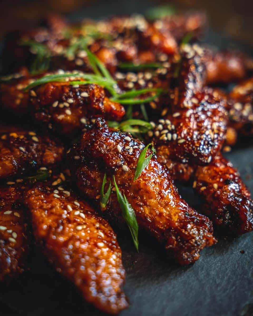 Korean Chicken: 5-Ingredient Recipe You'll Crave 8 Close-up of Korean chicken wings, glistening with sauce and sprinkled with sesame seeds and green onions.