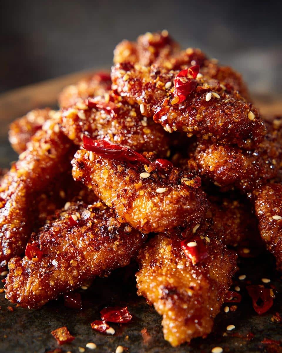 Korean Chicken: 5-Ingredient Recipe You'll Crave 7 Close-up of Korean chicken pieces with sesame seeds and red pepper flakes. Not a Creamy Vegan Pot Pie with Fluffy Biscuit Topping.